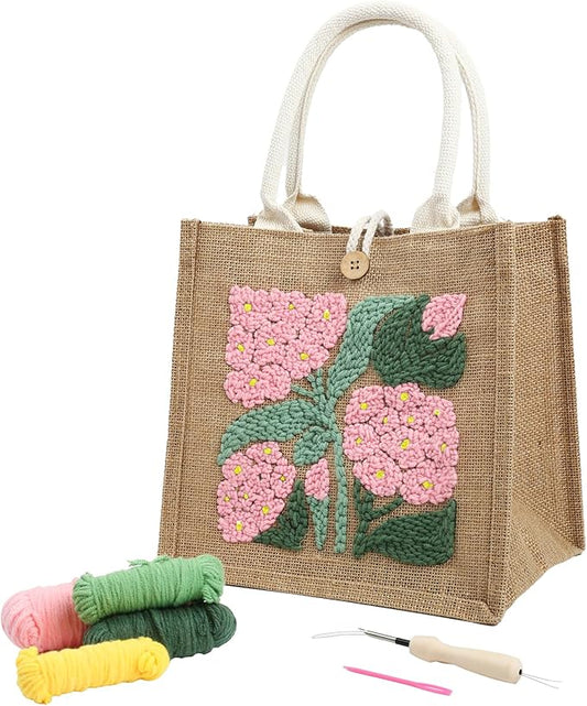 ERNTRNL Punch Needle Tote Bag Kit for Adults Beginner - DIY Punch Needle Embroidery Tote Bag Set, Punch Stitching Bags Kit with Instructions & Video Tutorial,Unique Pattern,Tools (Pink-Green)