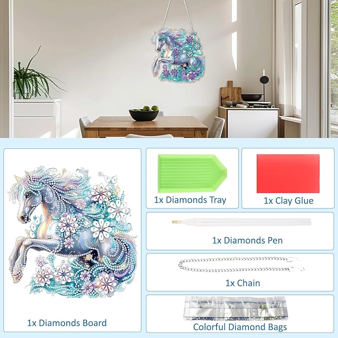 SENQAO Horse Hanging Diamond Art Painting Kits for Adults Beginners, 5D Special Shape Diamond Art Kits, Horse Flower Crystal Rhinestones Diamond Gem Art Painting for Home Garden Wall Decor