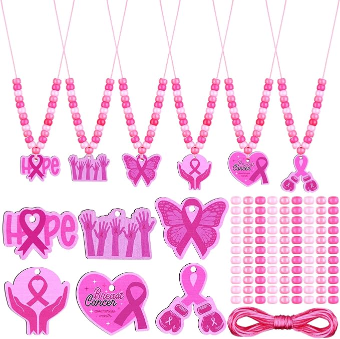 RZJSLSHANHAI 24 Sets Mother's Day Beaded Necklace Making Kit Pink Ribbon Beads Necklace DIY Crafts with Pink Ribbon Pendants Rope for Girl's Gift
