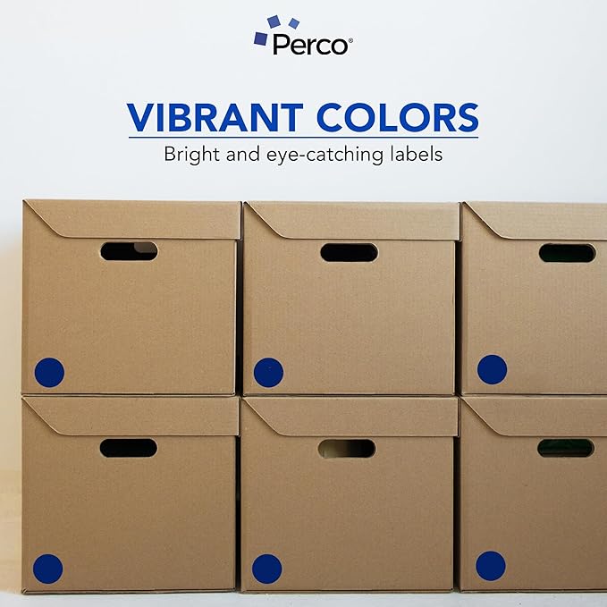 perco dark blue 2-inch perforated circle dot sticker labels — 250 round stickers per roll — with permanent adhesive for organizing, color coding, bin labeling, packaging alerts — made in usa
