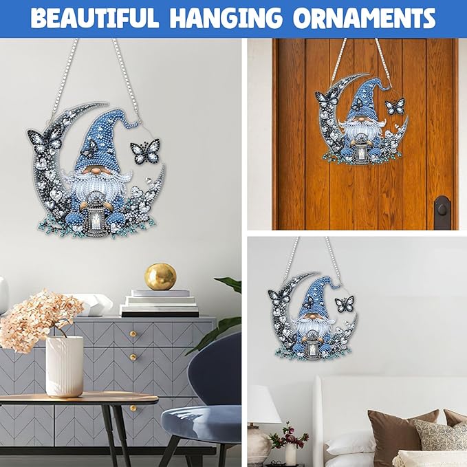 NAIMOER DIY Hanging Diamond Art Kits for Adults, Gnome Diamond Painting Kits, Special Shaped Rhinestone, Acrylic 5D Gem Art Craft Window Pendants Home Garden Wall Hanging Ornament Kits