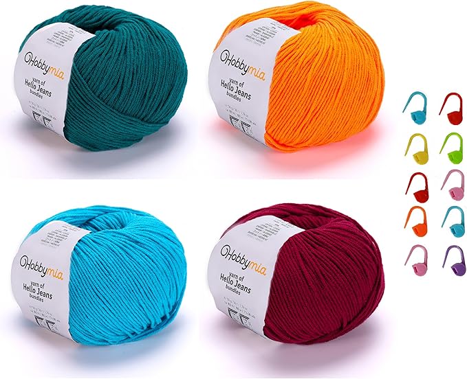 Cotton Yarn Kit - 4 Multicolor Balls Soft Sport Weight Yarn for Crochet & Amigurumi - 50g / 175yds Each & 10 Stitch Markers (H14 - Vibrant-1)