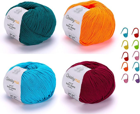Cotton Yarn Kit - 4 Multicolor Balls Soft Sport Weight Yarn for Crochet & Amigurumi - 50g / 175yds Each & 10 Stitch Markers (H14 - Vibrant-1)