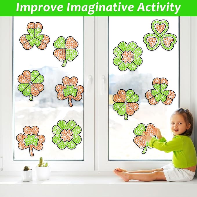 Qyeahkj 6 Pcs St Patrick's Day Arts Crafts DIY Shamrock Shape Gem Diamond Suncatcher Crafts for Kids Saint Patrick Diamond Painting Gifts Exchange for Kids Aged 4 6 8 10 12 for Home School Party Decor