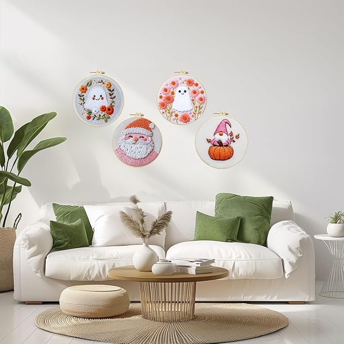 LB Christmas Thanksgiving Embroidery Kit for Adults & Beginners - 4 Piece Halloween DIY Cross Stitch Starter Kit with Ghost, Pumpkin, Floral Designs (Pink/Orange), Hoop, Threads, Needles