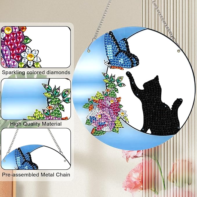 AiYuanzsh Diamond Painting Hanging Pendant Kit for Adults, Crystal Rhinestone Cat & Butterfly Diamond Art Suncatcher Ornament for Door, Wall, Window, Home Decor