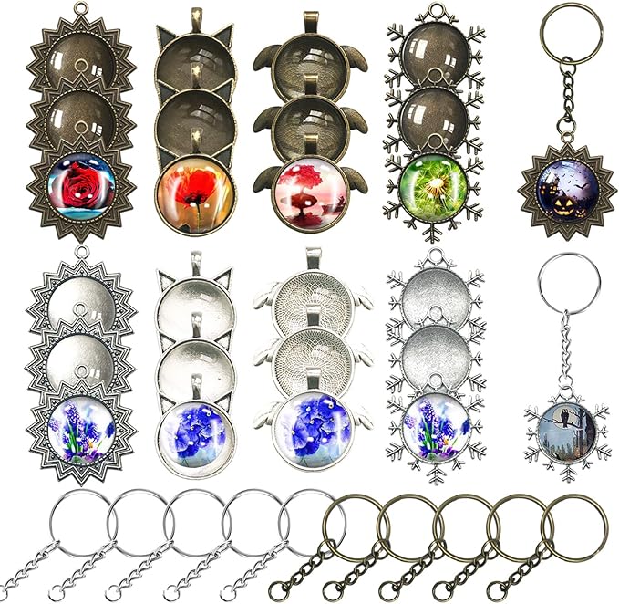 58 PCS Pendant Tray Kit, Seasonsky Pendant Trays Sun, Wing, Cat, Snowflakes with Glass Cabochon Blanks Clear Dome, 10 PCS Pendant Buckle for Photo Pendant Craft
