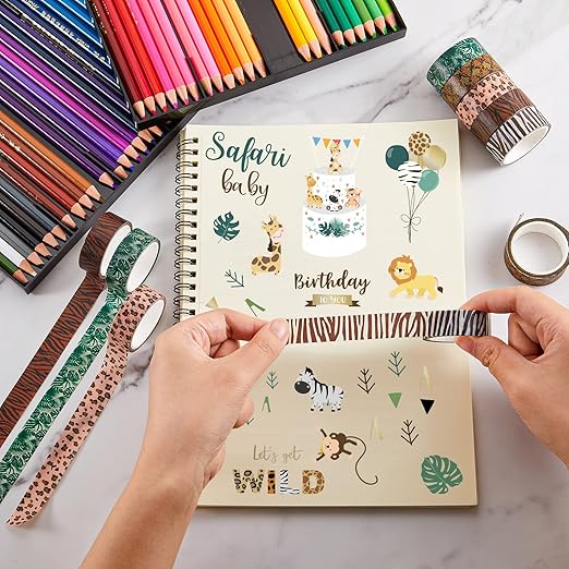 Lewtemi 12 Rolls Wild Animal Print Washi Tape Giraffe Leopard Masking Washi Stickers Adhesive Wrapping Tape Decorative for DIY Art Scrapbooking Craft Planner, 16.4 Ft(15mm)