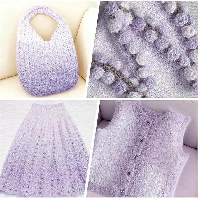 3 Pack Ombre Yarn for Crocheting, 80g/2.65oz Fluffy Soft Acrylic Gradient Yarn Cakes, #4mm Hook, Large Cloud Feel Yarn for Beginner Knitting, Star Blanket, Scarf, Shawl Garment DIY Crafts (Purple)