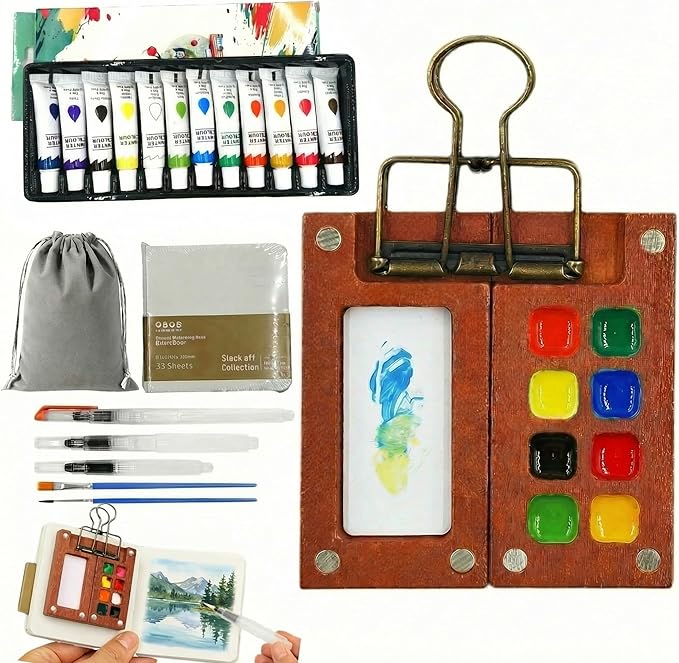 Mini Watercolor Paint Set, Travel Watercolor Set, Watercolor Kit, Pocket Artist Water Color Set with Paint, Brush, Storage Pouch, Sketchbook & Copper Clip for Beginners, Artists & Painting Enthusiasts
