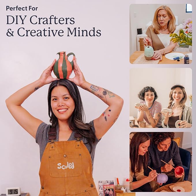 Sculpd - The Original Pottery Kit for Adults - Includes Air Dry Clay for Adults, Sculpting Tools, Varnish, Paint Brushes, Guides, Couples Date Night Arts & Crafts Set, Gloss Varnish with Classic Tones