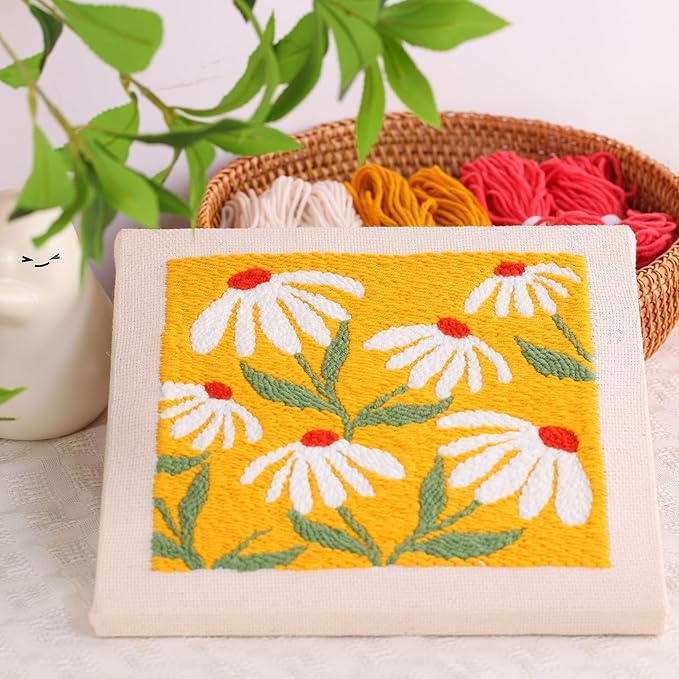 embroidery punch needle kit frame, embroidery starter kits for beginner kids,punch needle fabric with pattern,threader, yarns,embroidery hoops & rug punch (yellow)