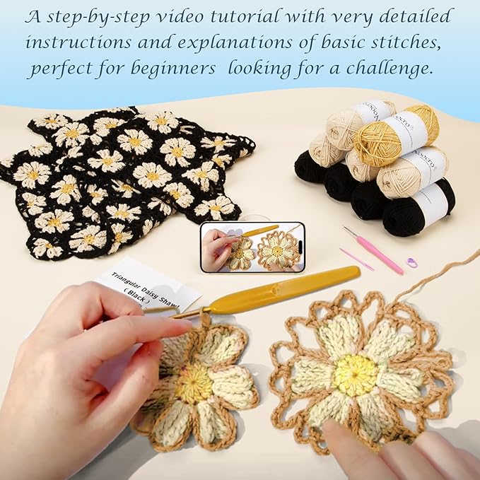 Noocro Crochet Kit for Intermediate or Advanced Levels, Complete Craft Kit for a Floral Daisy Shawl with Step by Step Video Tutorials Detailed Instructions, Perfect Holiday Gift or DIY Project (Black)