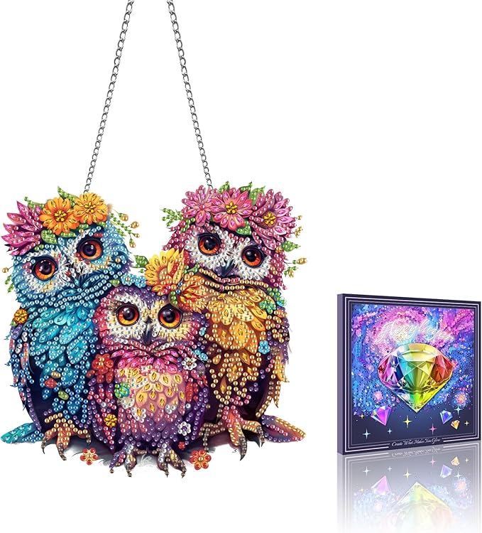 VAIIEYO Owl Diamond Art Hanging Ornament, Bird Animal Diamond Painting Suncatchers Window Hanging Kit with Chain, 7.5x7.5 inch Crystal Pendant Art Craft for Gift Home Wall Front Door Decoration