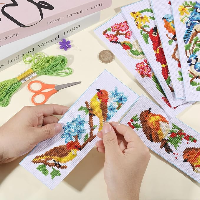 ORIGACH 6 Set Birds Cross Stitch Bookmark Kit for Beginner with Backing Felt Floss Instructions DIY Stamped Embroidery Bookmark Kit for Adults, Book Lovers