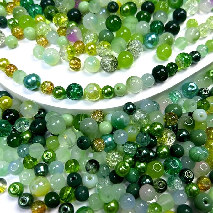 450pcs Glass Beads for Jewelry Making, 6/8mm Assorted Crystal Loose Beads, Green Series Round Spacer Bead Kit for Bracelet Necklace DIY Craft