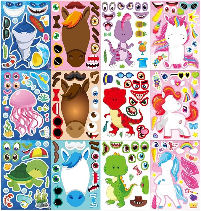 24 sheets make a face stickers for kids toddlers, make your own animal mix and match sticker sheets with sea animals horses dinosaurs unicorns for kids crafts party favors goodie bags stuffers