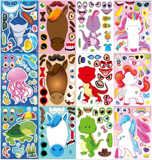 24 sheets make a face stickers for kids toddlers, make your own animal mix and match sticker sheets with sea animals horses dinosaurs unicorns for kids crafts party favors goodie bags stuffers