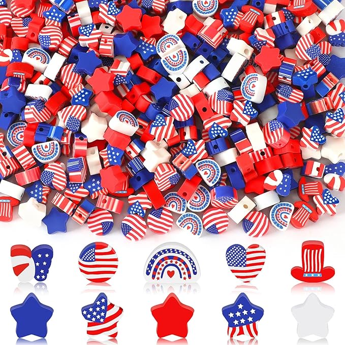 Augshy 300Pcs Patriotic Polymer Clay Beads, Round Red White Blue Stars Hearts Circles Butterflies Hats Rainbows 4th of July American Flag Spacer Beads for Bracelet Necklace Making Earrings Craft