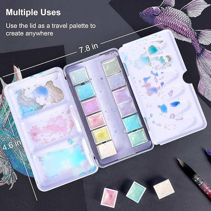 PHOENIX Iridescent Watercolor Paints - 12 Half Pan Color Shifting Watercolor Paint Set, Glitter Pearlescent Portable Palette, Gift for Water Color Painter