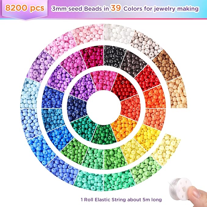 Funtopia 3mm Seed Beads Uniform, 39 Colors 8200pcs Small Beads for Jewelry Making, Friendship Bracelet Bead for Girls Adults