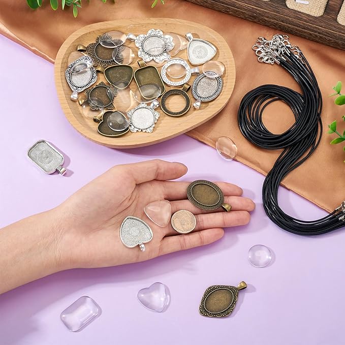 Bestewelry Pendant Trays Kit Vintage Alloy Bezel Pendant Trays Charms Set with Glass Cabochon and Adjustable Necklace Cords for DIY Crafts Jewelry Making Resin Art Party Favor