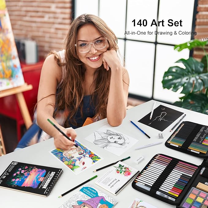 KALOUR 140 Drawing Set Sketching Kit,Art Supplies with 3-color Sketchbook & Coloring Paper,Include Tutorial, Colored, Graphite, Charcoal, Watercolor & Metallic Pencil,for Artists Adults Teens Beginner