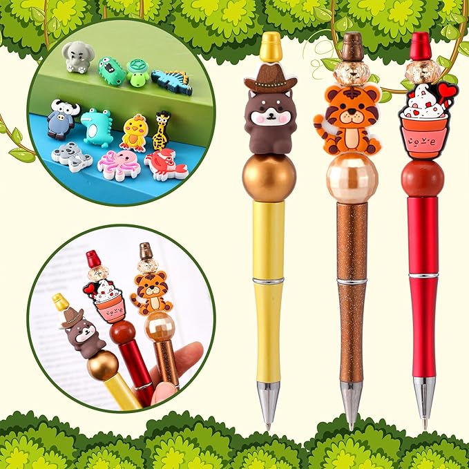 VioraWhite 48 Pcs Animals Silicone Focal Beads for Beaded Pens Animals Silicone Beads Charm Keychain Lanyard Kit for Beadable Items Keychains Bracelet Necklace DIY Jewelry Making