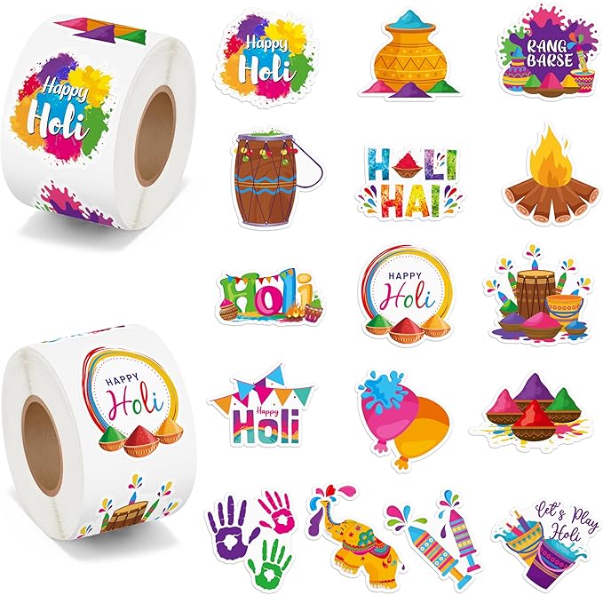 beyumi happy holi sticker roll - 1000pcs indian holi hai festival stickers in 2 rolls waterproof vinyl holiday celebration colorful decals gift festival party favors laptop bottle scrapbooking decor