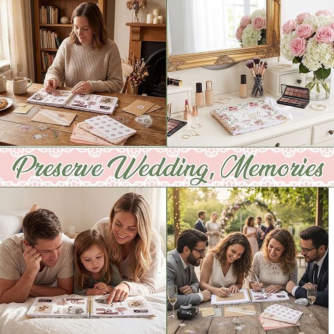 Wedding Guest Book Letters to The Bride Scrapbook Wedding Memory Book Bridal DIY Blank Paper Scrapbook Photo Album Guest Sign with Pearl Stickers(8.5 x 7 Inch,Rose Style,Pink)