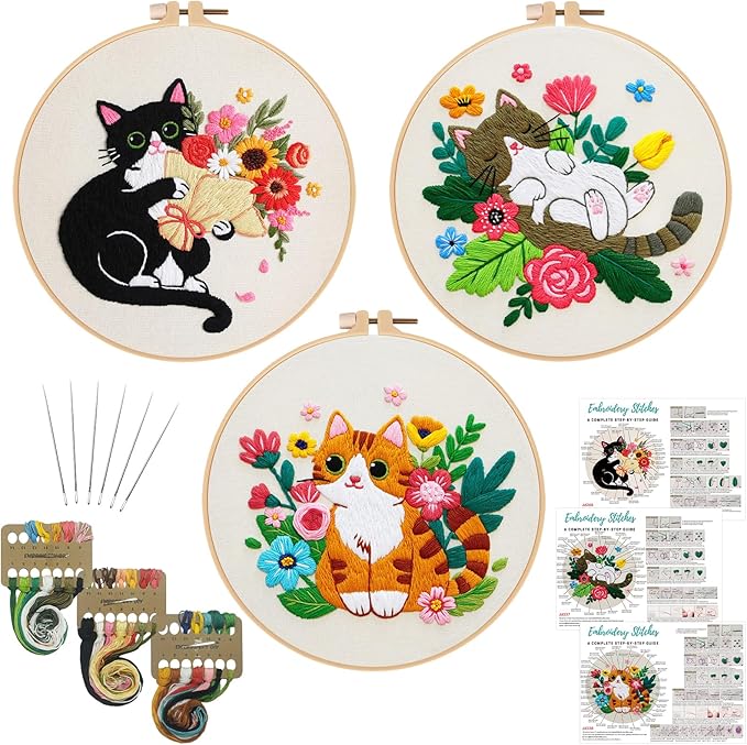 Nuberlic Cat Embroidery Kit for Adults Beginners - 3 Pre-Printed Animal Patterns, Adults Starter Cross Stitch Kit DIY Needlepoint