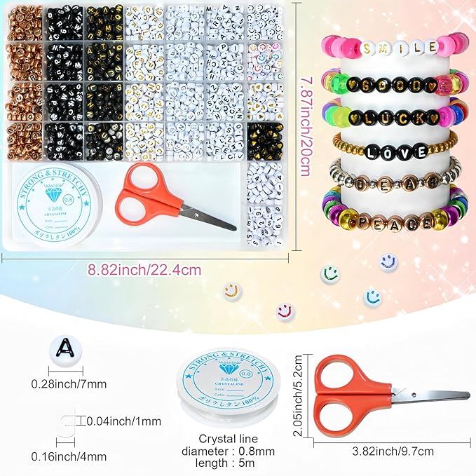 Amaney 1500 Pieces 6 Colors 4x7mm Round Acrylic Alphabet Letter Beads A-Z Mixed and Crystal Line for Jewelry Making