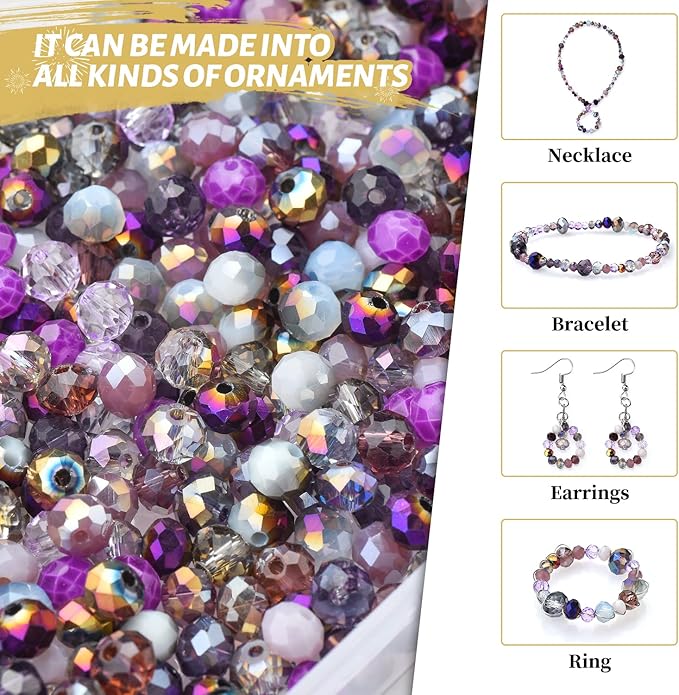1000pcs 4/6/8mm Purple Color Briolette Crystal Glass Beads for Jewelry Making Supply,Round Rondelle Faceted Spacer Beads,Crystal Beads for Bracelets Necklaces DIY Crafts