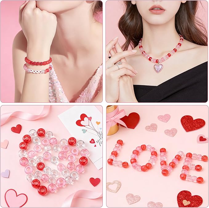 1000Pcs Valentine's Day Pony Beads Pink Red White Bracelets Crafts 6x9mm Bulk Plastic Pony Valentine Beads for Jewelry Making Party Party DIY Crafts Necklace Keychain Romantic Accessories