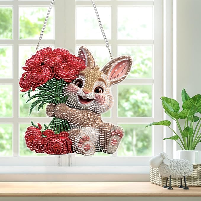 Bowetile Rabbit Diamond Art Hanging Kits for Adults, Diamond Art Suncatchers Bunny, 5D Special Shape Diamond Painting Flowers Pendant Window Ornament Easter Gifts for Home Wall Decor