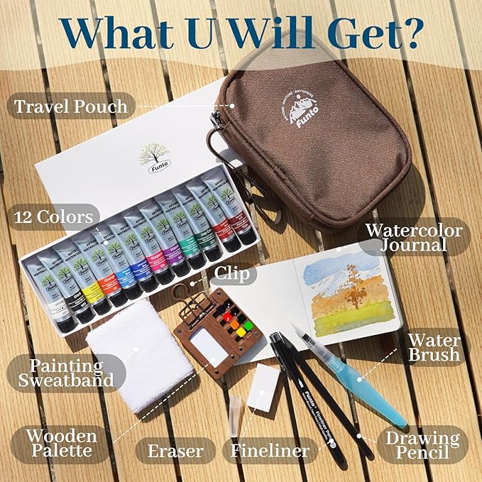 Funto Mini Watercolor Travel Set, 12-Color Refillable Travel Art Kit, All-in-One Mini Paint Supplies with Bag, Art Craft for All, Portable Water Color Paint for Beginners, lovers and Artists