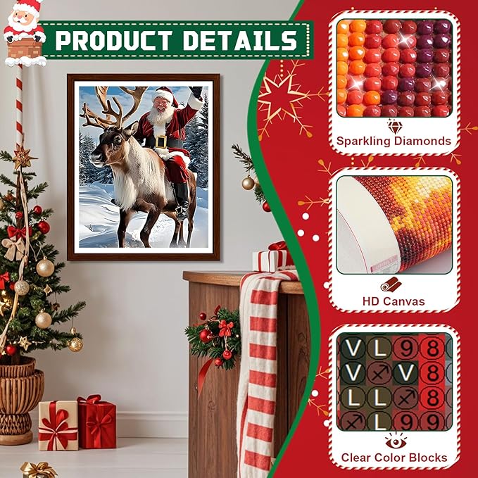 EMIEAUFG Christmas Diamond Art Kits for Adults, Santa Deer Diamond Paiting Kit for Beginners, 5D DIY Round Full Drill Craft Diamond Dot Gem Art, Home Wall Decor 12" x 16"