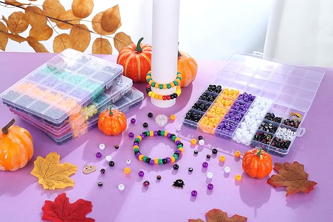 640 Pcs Halloween Bracelet Kit, Halloween Beads for Bracelets Jewelry Making Black Orange Purple White Pony Beads with Moon Charms for DIY Craft Necklace