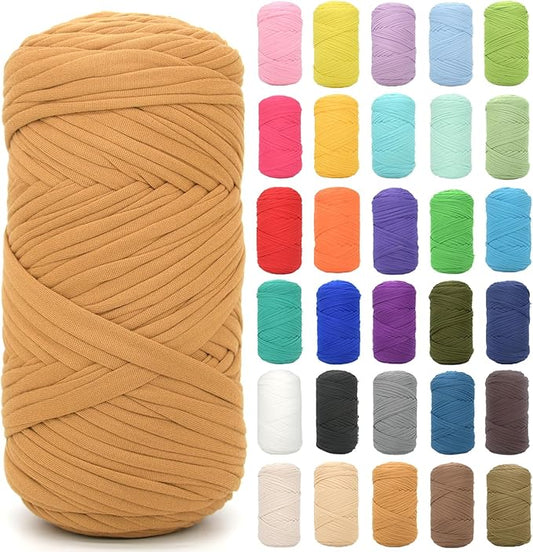 Tshirt Yarn for Crocheting,Caramel Brown T Shirt Chunky Elastic Fabric Thick T-Shirt Crochet Yarn for Beginners Crocheting Hand Knitting Bag/Basket/Coasters/DIY Crafts/Home Decor 200G(Caramel Brown