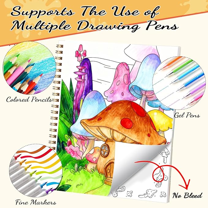 Coloring Book Set with 24-Color Acrylic Markers & Stickers, Ages 14+ Travel Sketch Book, 60 Pages 150gsm Thick Paper (7x8.3in) Spiral Bound Art Supplies