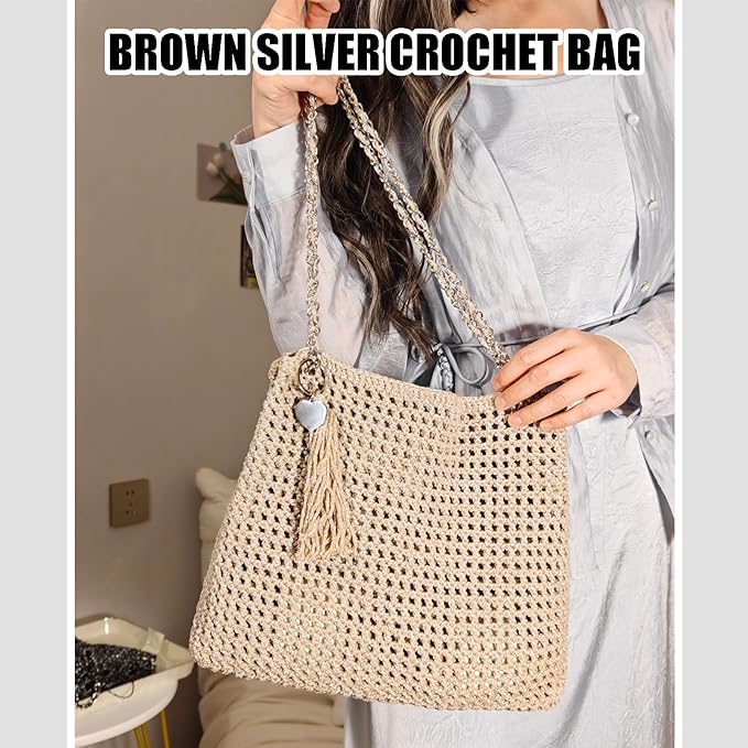 Herally Crochet Kit DIY for Beginners - Include Yarn, Hook and Accessory - with Step by Step Video Tutorials - Shining Tote Bag (Light Brown)