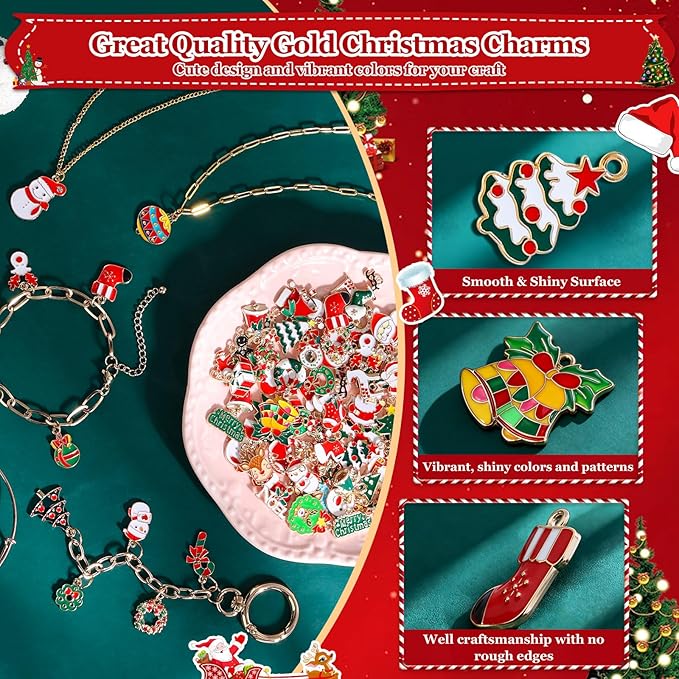 Modacraft 120 Pcs Christmas Charms for Jewelry Making, Multiple Styles Gold Enamel Pendant Charms with Santa Snowflake Tree for DIY Bracelet Necklace Earring Keychain Craft Supplies Holiday Decor Gift