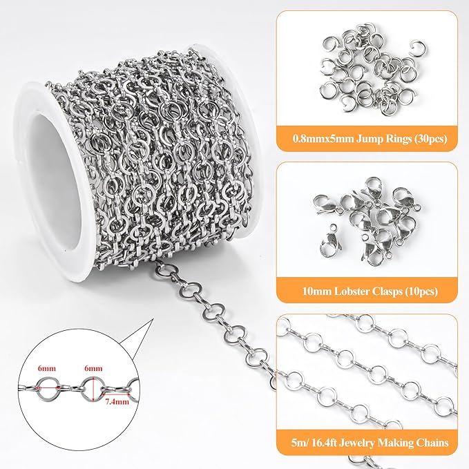 16.4 Feet Stainless Steel Chains Bulk on Spool Circle Link Chain for Jewelry Making