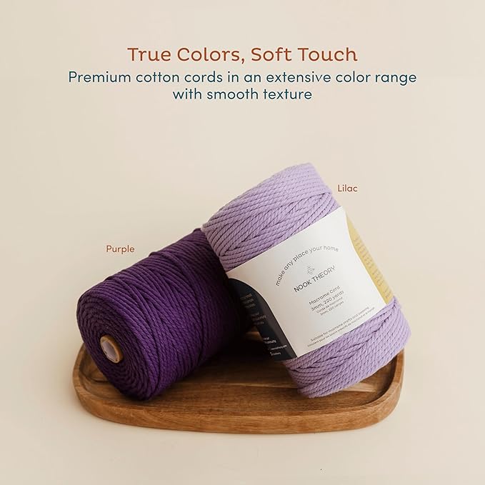 Nook Theory Macrame Cord - 3mm 220 Yards Cotton Rope, 4mm 5mm Yarn, String for Crafts, Perfect for Macrame Wall Hanging and Boho Decorations (Purple)