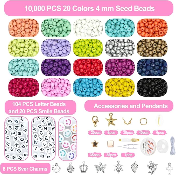 LZOUOWO 16300 4mm Glass Seed Beads for Bracelet Making Kit with Letter Beads for Friendship Bracelet, Clay Heishi Disc Beads Charms Elastic String for Concert Jewelry Making DIY Creative Gift
