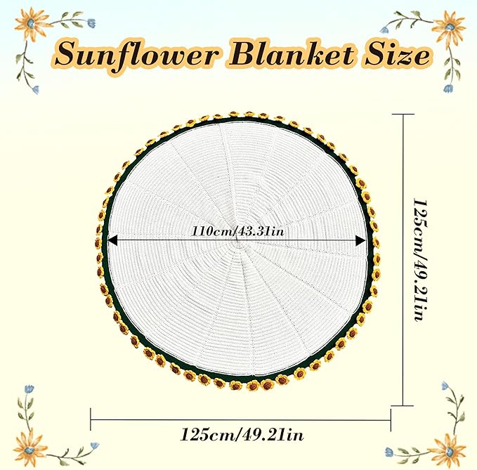 Yarniss Finished Crochet Sunflower Bouquet Blanket,49 Inch Round Sunflower Floral Knitted Gift,Hand Crocheting Blanket(52pcs Petals)