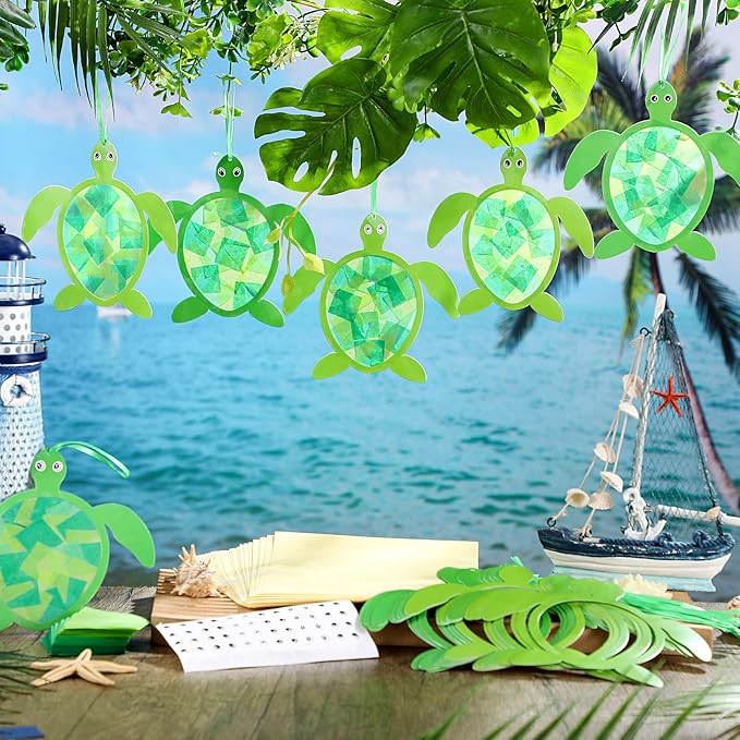 30 Pcs Sea Turtle Suncatchers Paper Craft Set Ocean Tortoise DIY Stained Glass Effect Tissue Paper Kits Gift Bulk for Summer Activities Art Party Decor