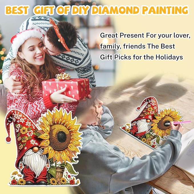 Bowetile Gnome Diamond Art Hanging Kits for Adults, 5D Special Shape Diamond Painting Sunflowers Pendant Kits, Gem Art Suncatchers Painting Window Ornament for Home Garden Wall Decor
