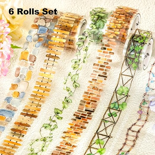 6 Rolls Garden Path PET Scrapbook Tapes, Landscaping Tape with Fence, Vines, Brick & Ladder Designs for Journaling & Scrapbook Supplies, Includes Decorative Clip