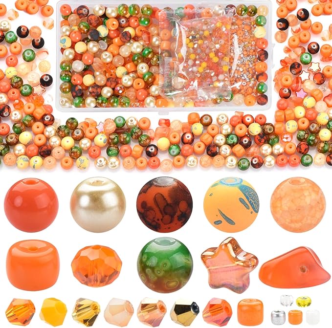 Rired 27 Glass Beads for Bracelet Making Kit, 900pcs Orange Crystal Beads Set, Craft Beads Include Assorted 8mm Round/Bicone/Seed and Shaped Star Beads for Jewelry Making